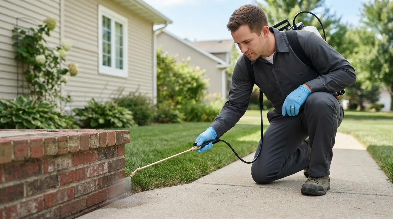Pest control technician treating a home near Moonachie, NJ